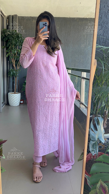 Nazia Pure Kota Doria Chikankari Kurta and Kurta Sets - Mauve Mist