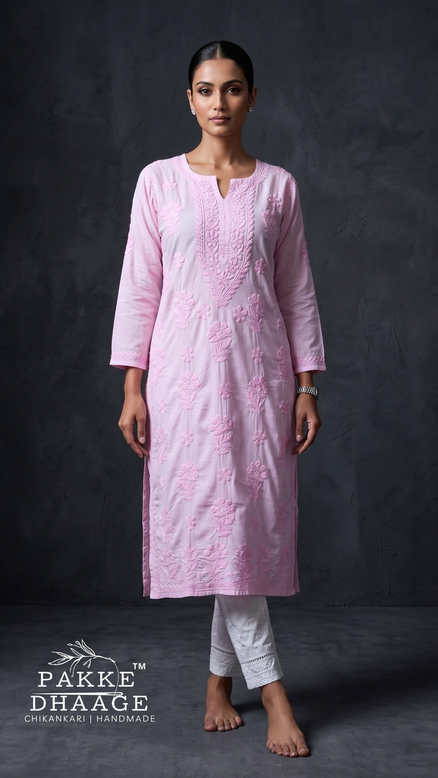 Reet Chikankari Pure Mul Cotton Kurtis - Soft Pink