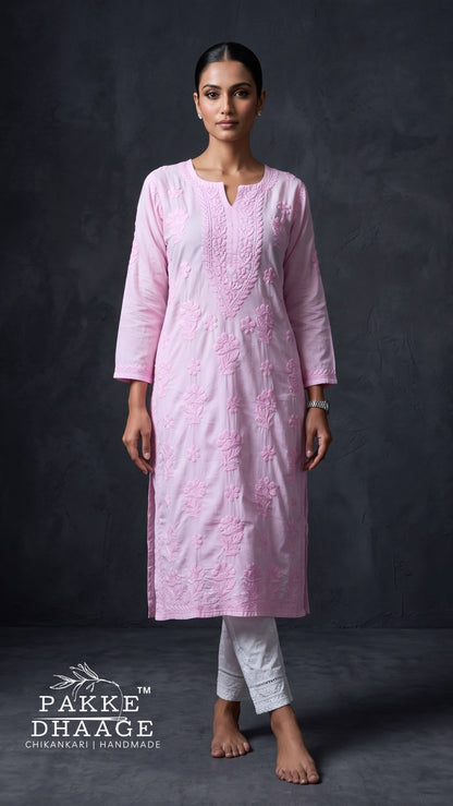 Reet Chikankari Pure Mul Cotton Kurtis - Soft Pink