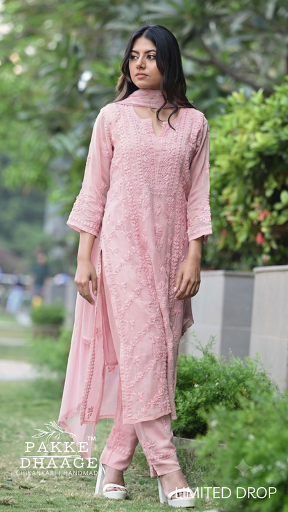Amara Pure Kota Doria Chikankari Kurta & Kurta Sets - Dusty Rose Petal