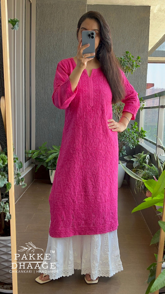 Fiza Pure Mulmul Cotton Kurta - Pink Yarrow