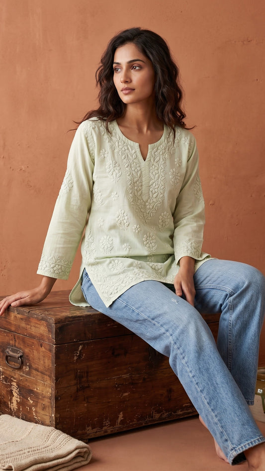 Maahi Pure Mulmul Chikankari Kurtis Pista Green