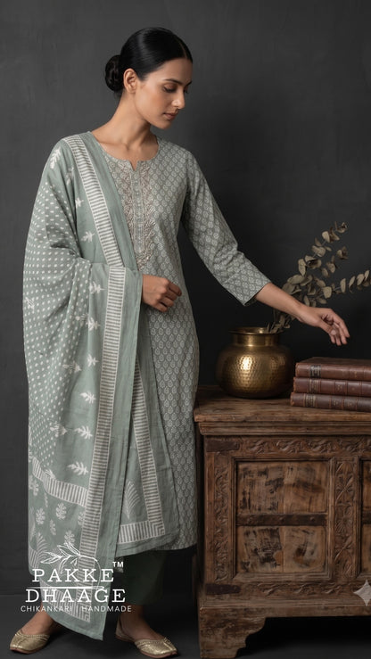 Premium Pure Cotton 3-Piece Printed Kurta Set with Embroidery