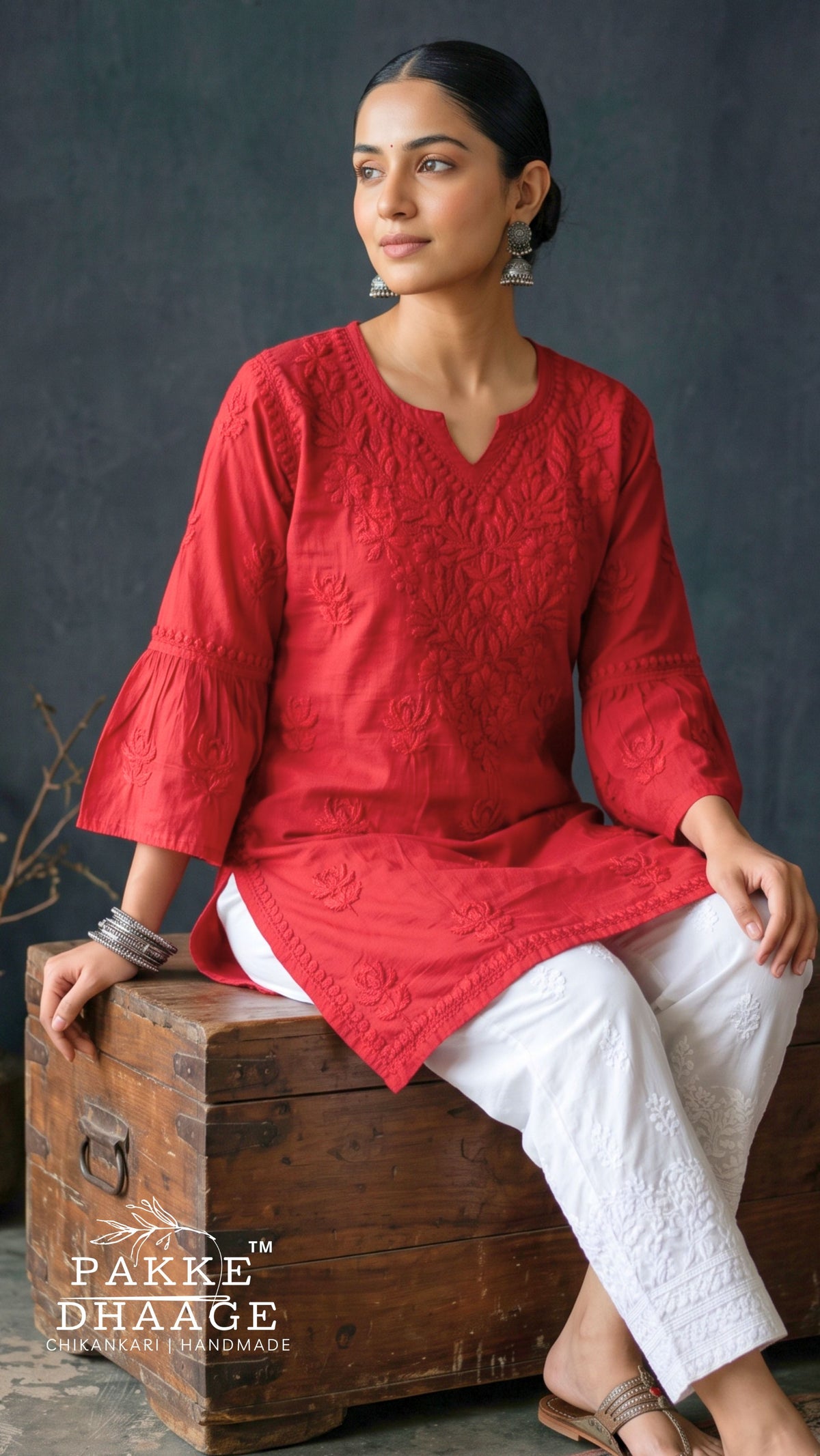 Gul Pure Cotton Chikankari Short Kurti - Red