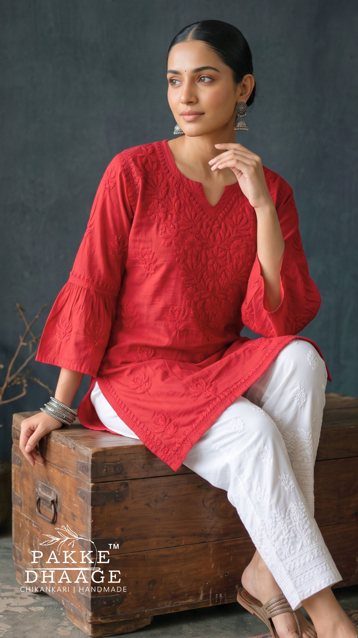 Gul Pure Cotton Chikankari Short Kurti - Red