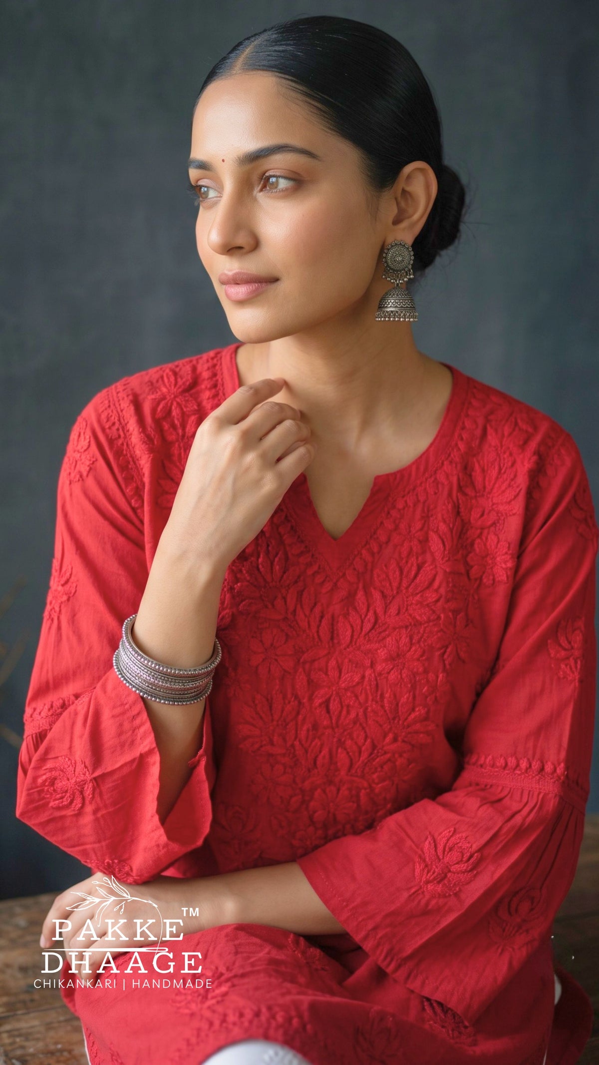 Gul Pure Cotton Chikankari Short Kurti - Red