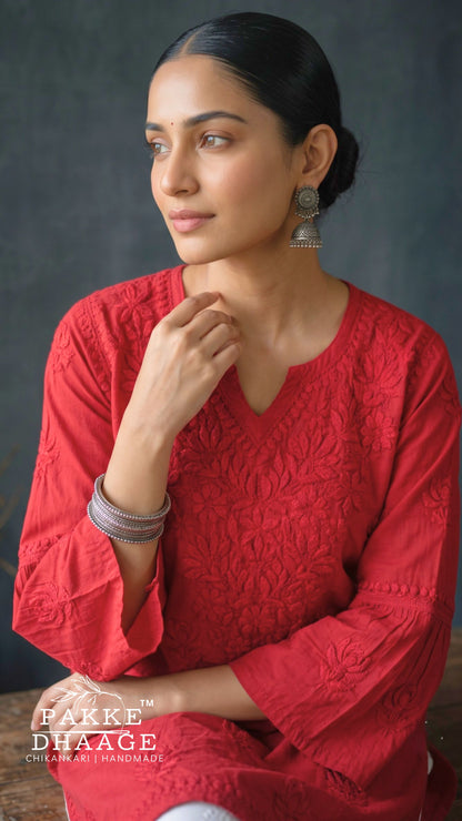 Gul Pure Cotton Chikankari Short Kurti - Red
