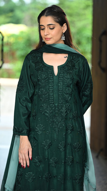 Gulnar Pure Muslin Chikankari Sets with Ombre Dupatta 3-pc Set - Deep Emerald Green