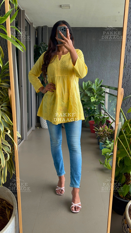 Arzoo Pure Mulmul Short Kurti - Sunshine Yellow