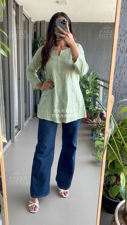 Arzoo Pure Mulmul Short Kurti - Pista Green