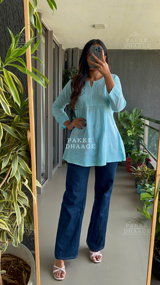 Arzoo Pure Mulmul Short Kurti - Aqua Splash