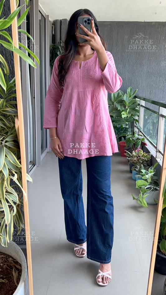 Arzoo Pure Mulmul Short Kurti - Onion Pink