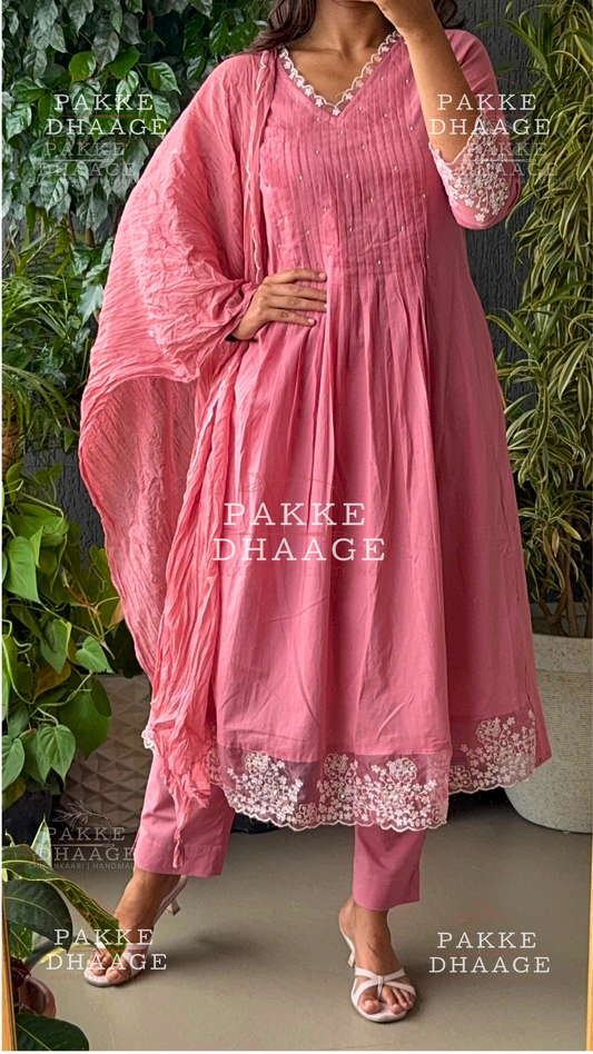Lace Art Embroidered 3-Pc Suit Set Rose Pink