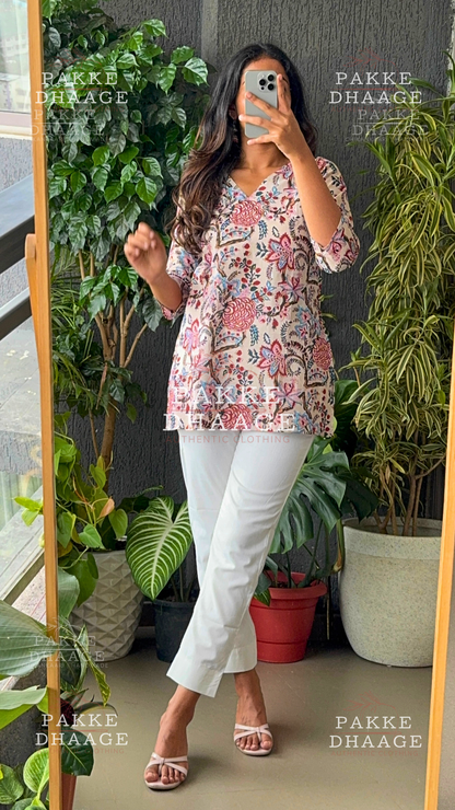 Print Poetry Pure Cotton Short Kurtis - Meadow Mist