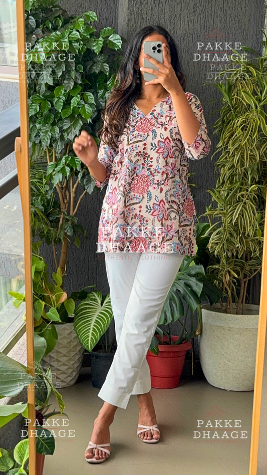 Print Poetry Pure Cotton Short Kurtis - Meadow Mist
