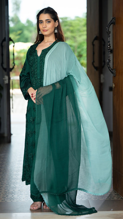 Gulnar Pure Muslin Chikankari Sets with Ombre Dupatta 3-pc Set - Deep Emerald Green