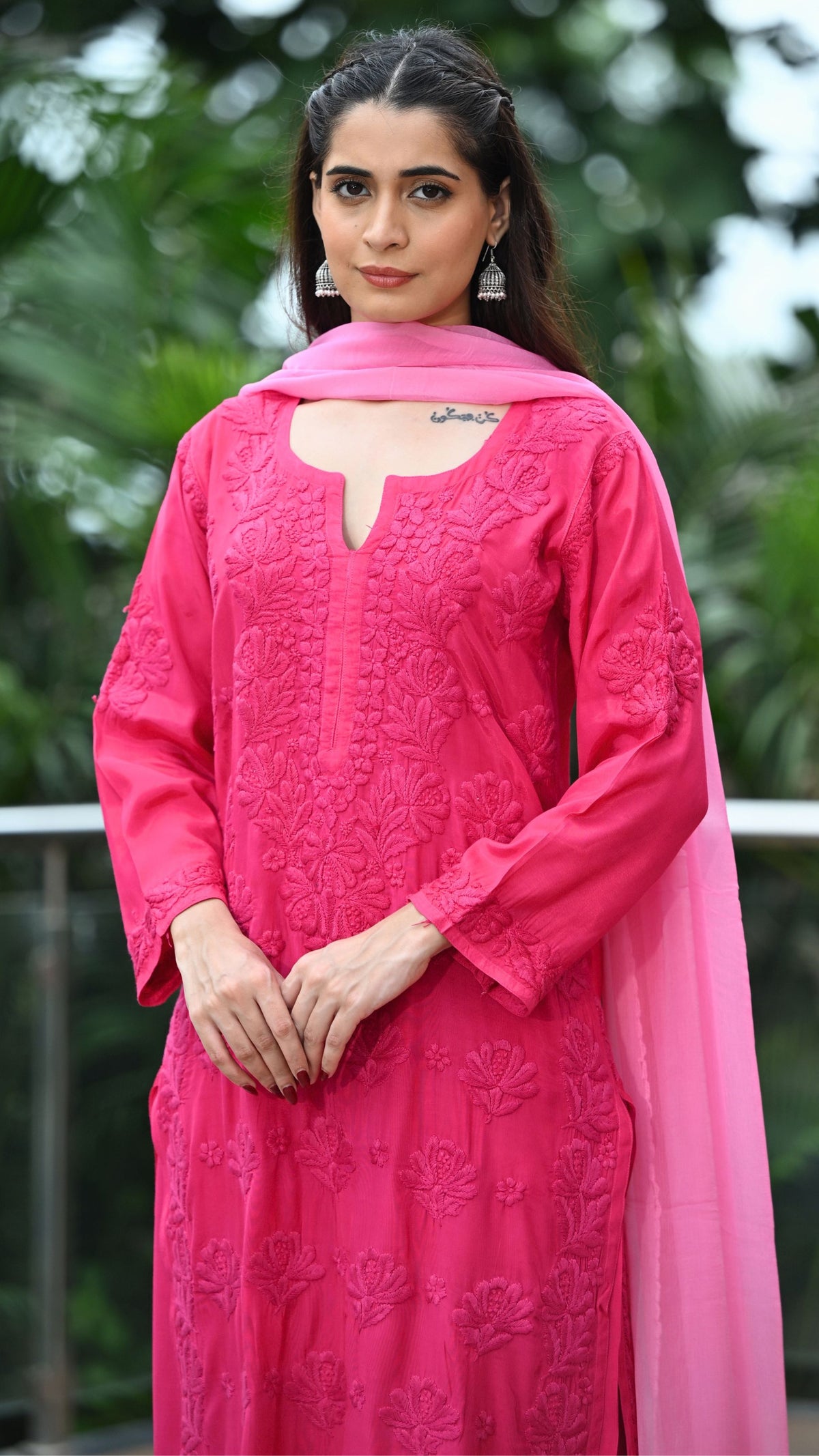 Gulnar Pure Muslin Chikankari Sets with Ombre Dupatta 3-pc Set - Persian Rose