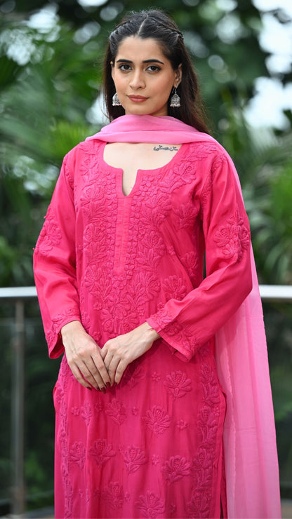 Gulnar Pure Muslin Chikankari Sets with Ombre Dupatta 3-pc Set - Persian Rose