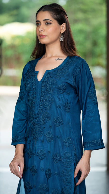 Gulnar Pure Muslin Chikankari Sets with Ombre Dupatta 3-pc Set - Prussian Blue
