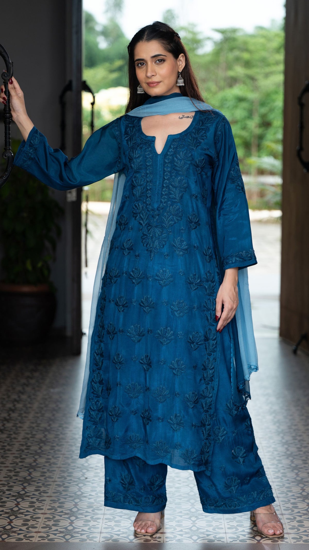 Gulnar Pure Muslin Chikankari Sets with Ombre Dupatta 3-pc Set - Prussian Blue
