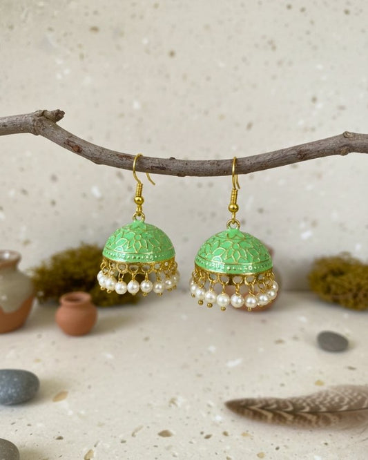 Handpainted Meenakari Jhumkas Green
