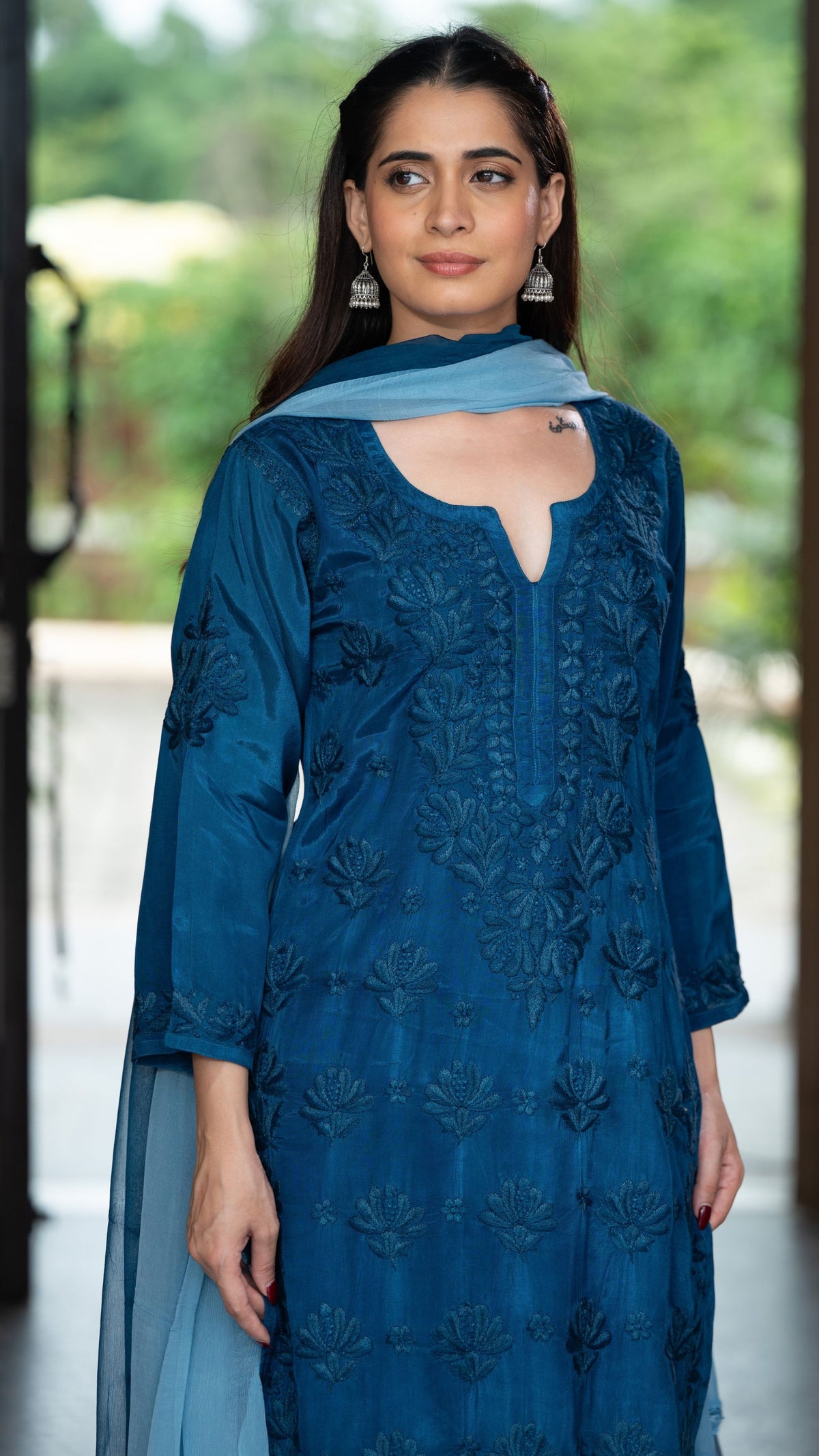 Gulnar Pure Muslin Chikankari Sets with Ombre Dupatta 3-pc Set - Prussian Blue