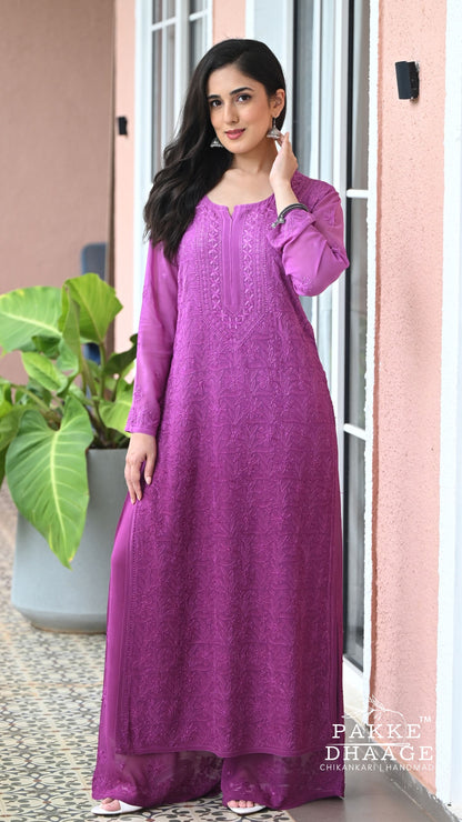 Adah Hand-Embroidered Ombre Viscose Georgette Chikankari 4-Piece Set - Royal Plum