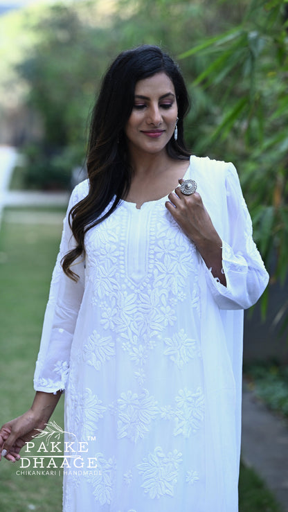 Aayat Pure Viscose Chikankari Sets with 3D Work - Dove White