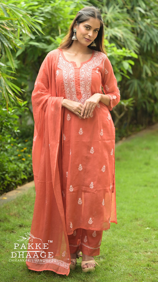 Kyra Pure Kota Doria Chikankari Kurta and Kurta Sets Rust Orange