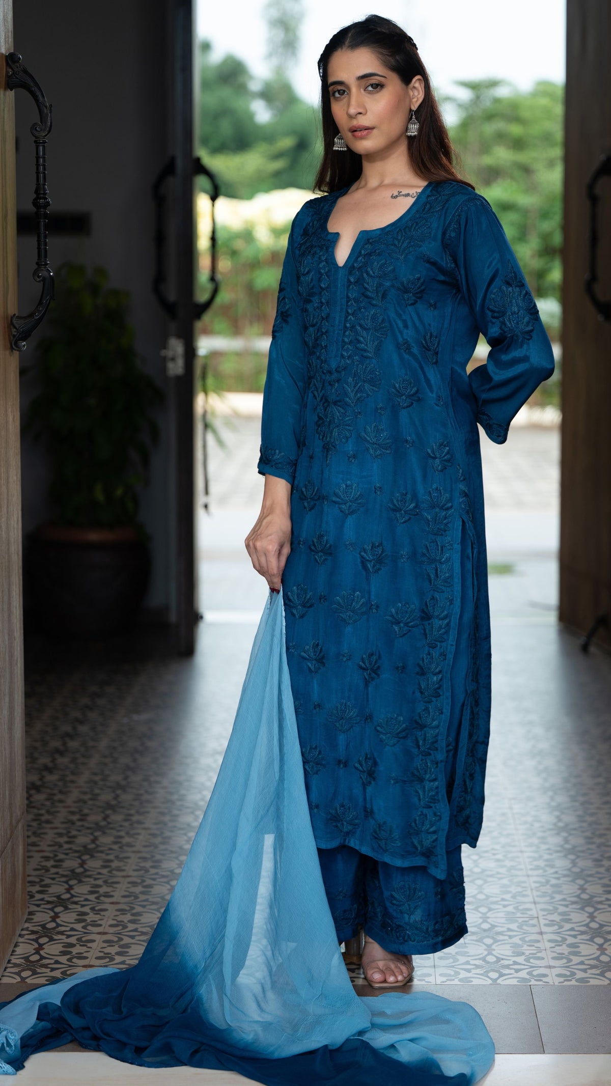 Gulnar Pure Muslin Chikankari Sets with Ombre Dupatta 3-pc Set - Prussian Blue