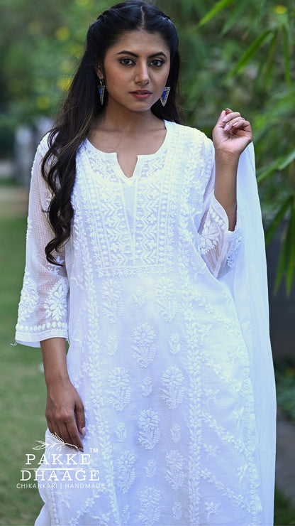 Amara Pure Kota Doria Chikankari Kurta Sets - Pristine White