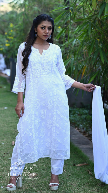 Amara Pure Kota Doria Chikankari Kurta Sets - Pristine White