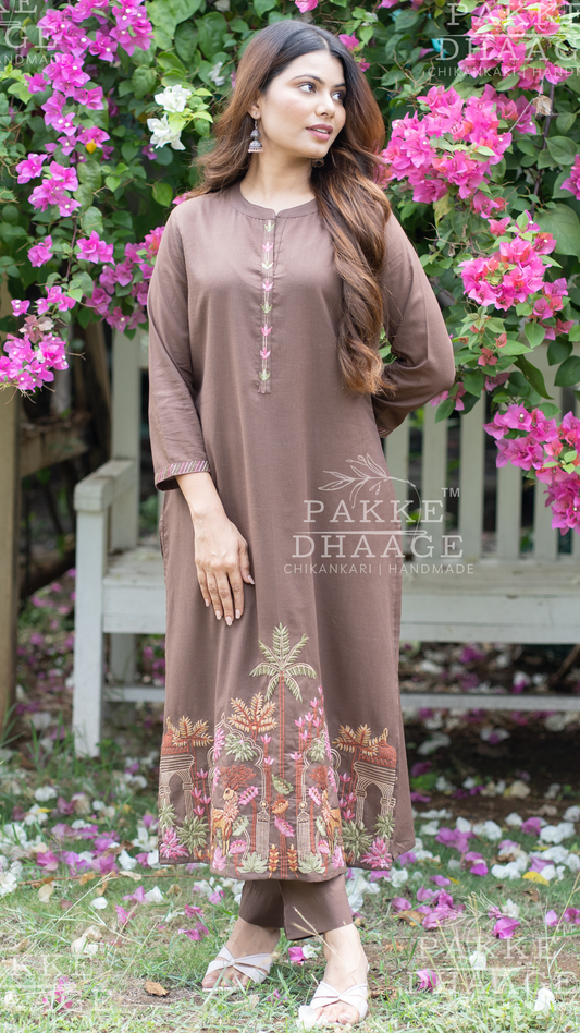 Needle Art Embroidered 3-Pc Suit Set Chocolate Brown