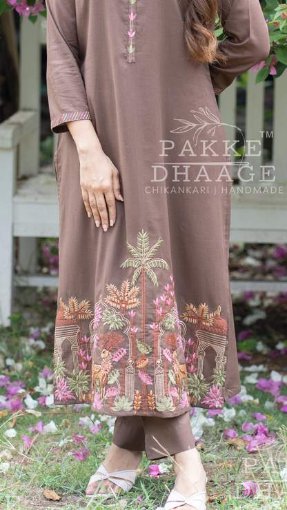Needle Art Embroidered 3-Pc Suit Set Chocolate Brown