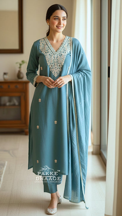 Avni Embroidered Pure Cotton Sets Aqua Splash
