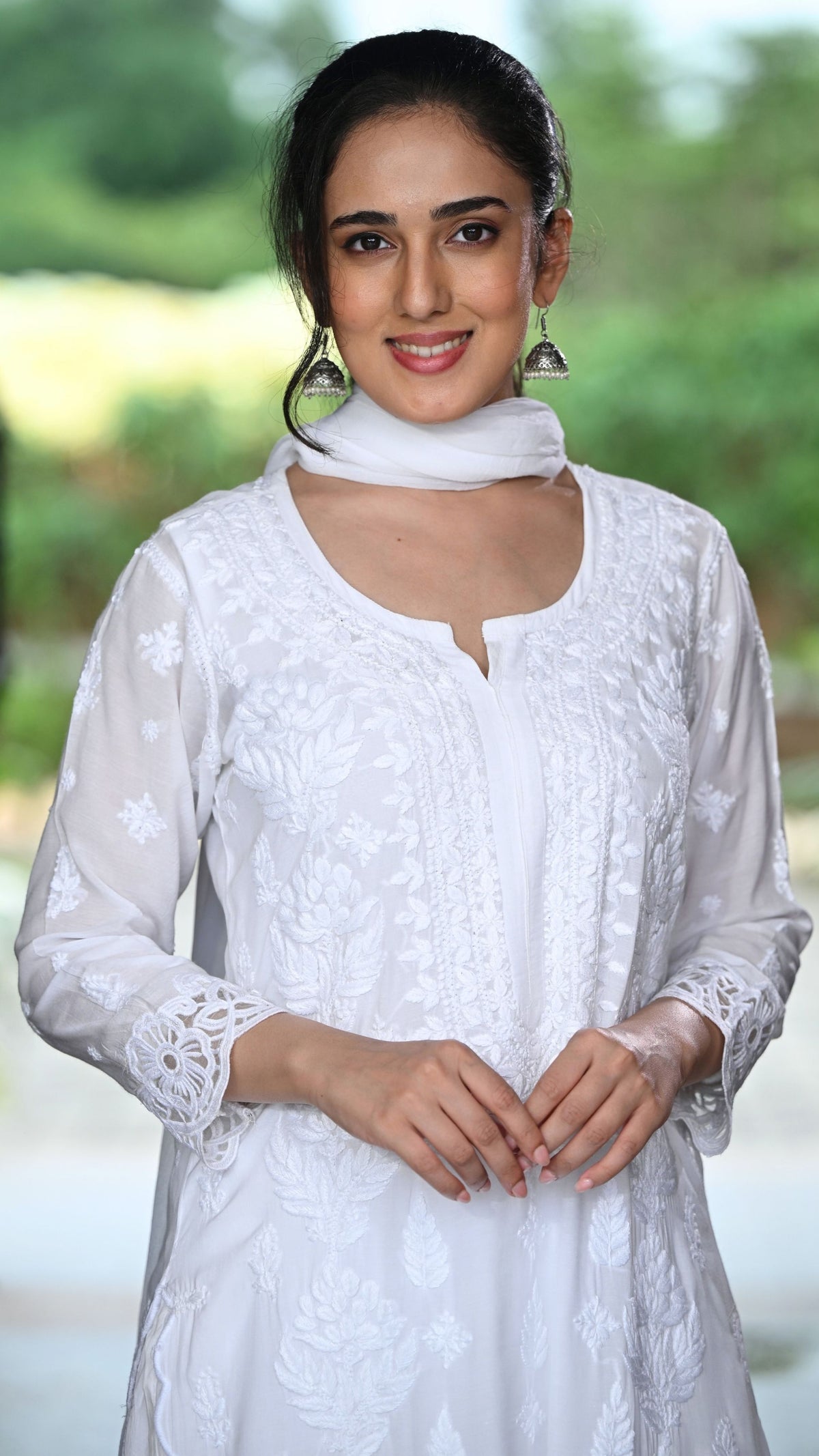 Zeenat Chikankari Lace Cutwork Kurta Set with Dupatta 3-Pc Set - Crystal White