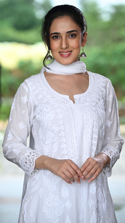 Zeenat Chikankari Lace Cutwork Kurta Set with Dupatta 3-Pc Set - Crystal White