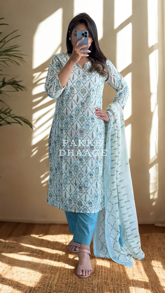 Maharani Threads 3 Pc Printed Cotton Suit with Gotta-Patti & Kota Doria Duppatta - Sky Blue