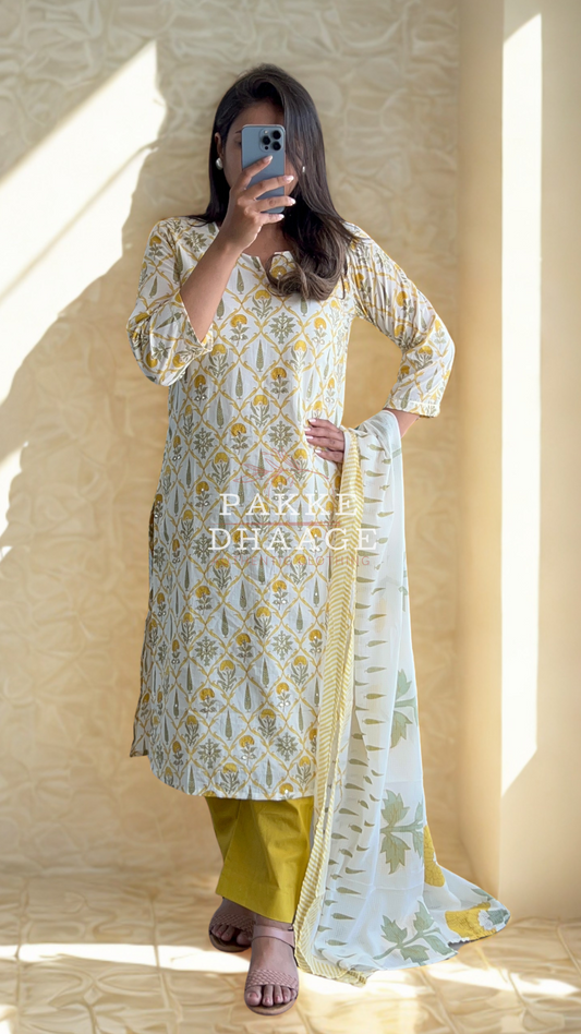 Maharani Threads 3 Pc Printed Cotton Suit with Gotta-Patti & Kota Doria Duppatta - Yellow