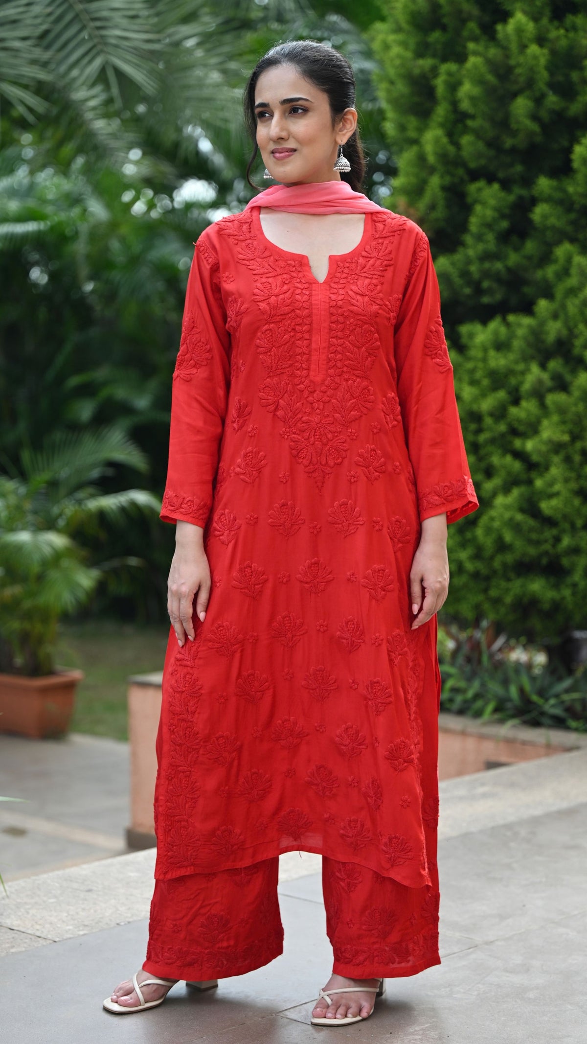 Gulnar Pure Muslin Chikankari Sets with Ombre Dupatta 3-pc Set - Crimson Blush