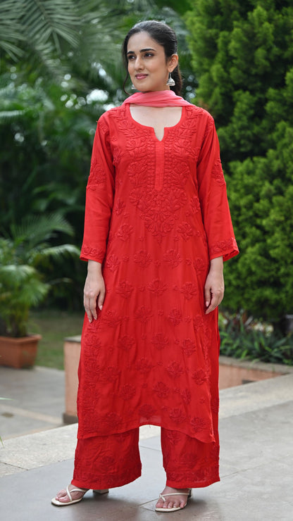 Gulnar Pure Muslin Chikankari Sets with Ombre Dupatta 3-pc Set - Crimson Blush