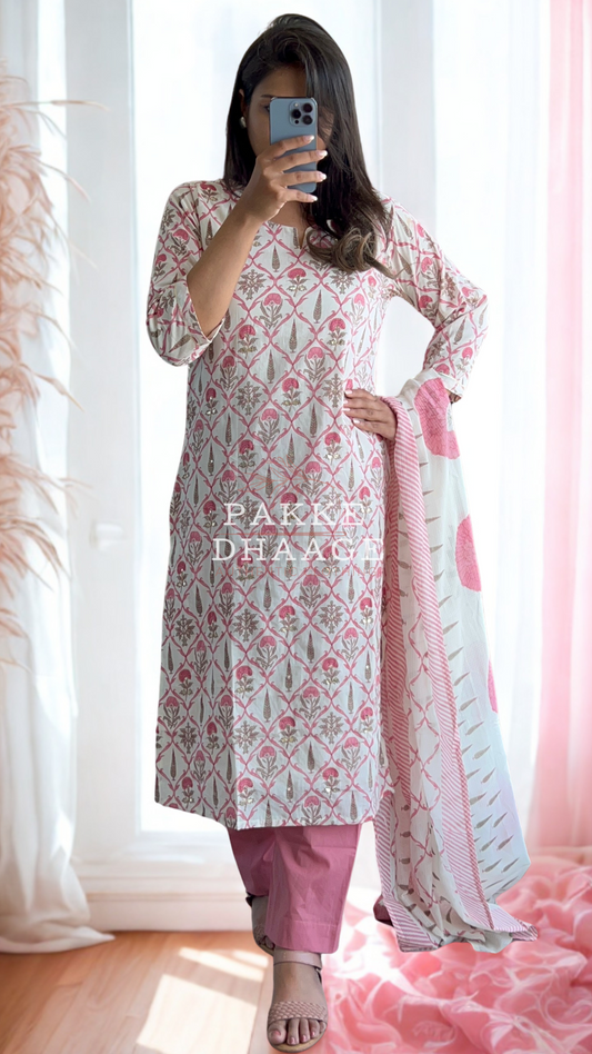 Maharani Threads 3 Pc Printed Cotton Suit with Gotta-Patti & Kota Doria Duppatta - Onion Pink
