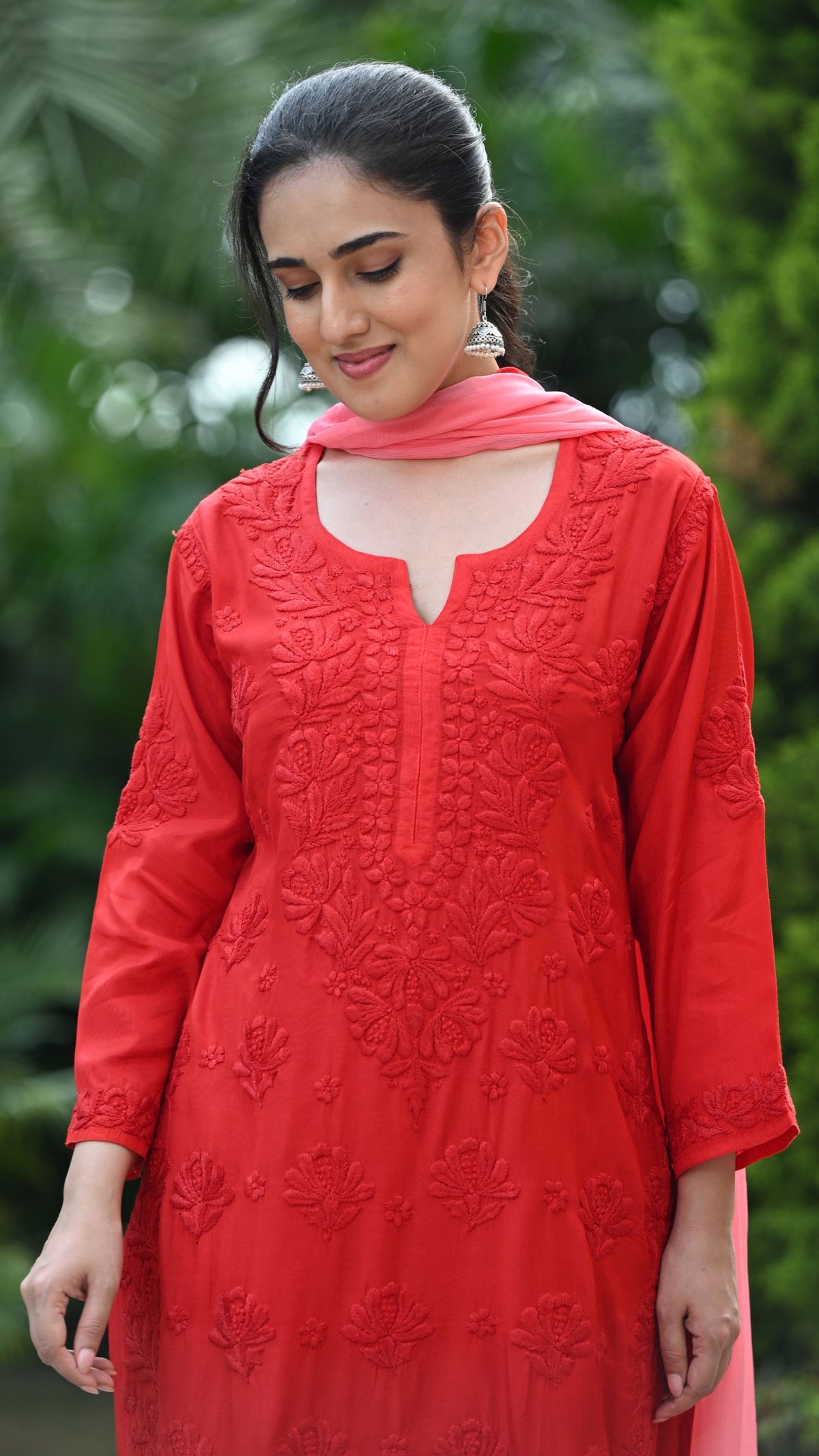 Gulnar Pure Muslin Chikankari Sets with Ombre Dupatta 3-pc Set - Crimson Blush