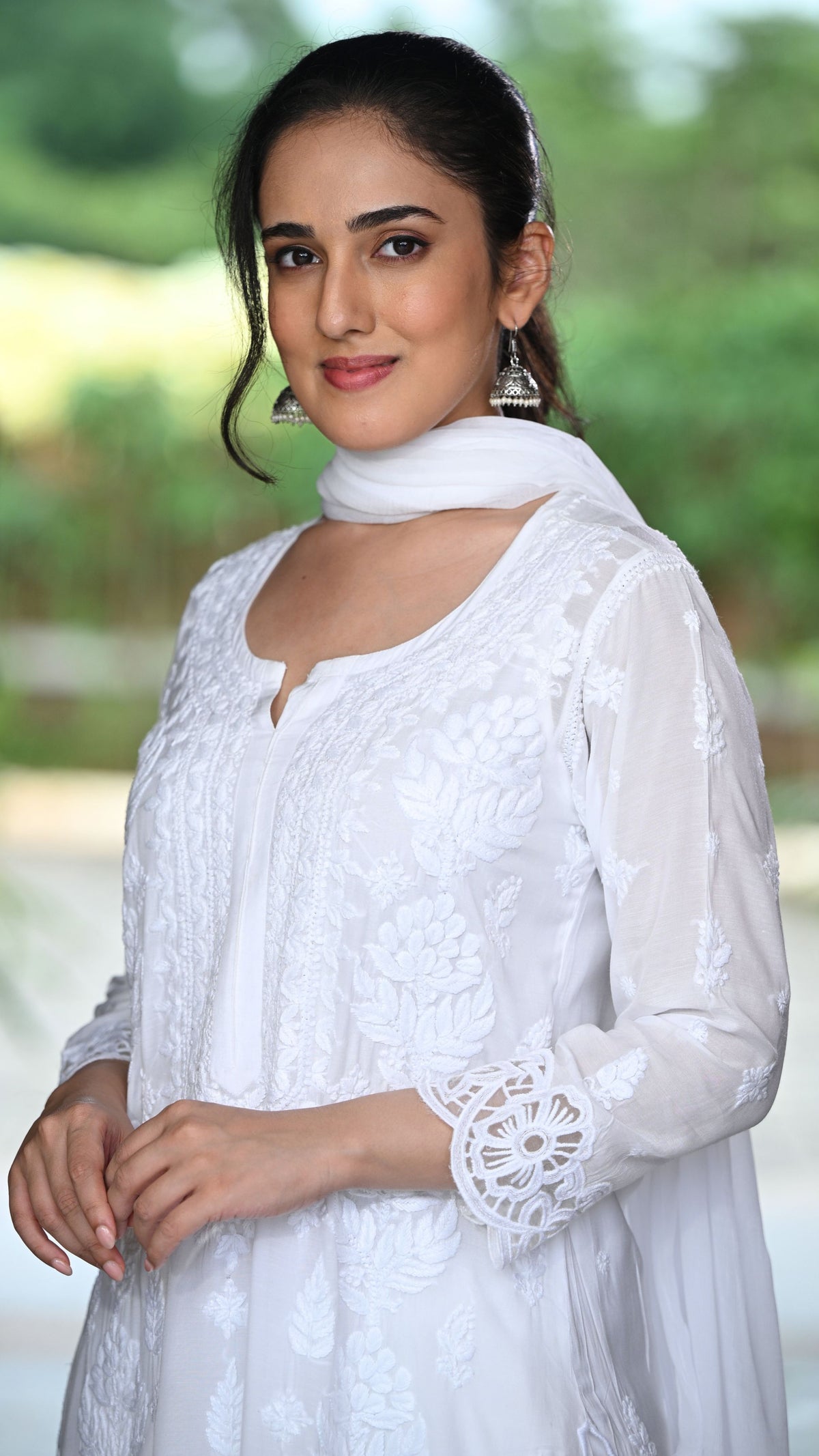 Zeenat Chikankari Lace Cutwork Kurta Set with Dupatta 3-Pc Set - Crystal White