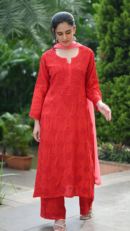 Gulnar Pure Muslin Chikankari Sets with Ombre Dupatta 3-pc Set - Crimson Blush