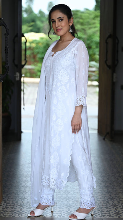 Zeenat Chikankari Lace Cutwork Kurta Set with Dupatta 3-Pc Set - Crystal White