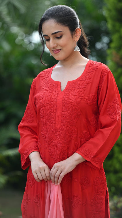 Gulnar Pure Muslin Chikankari Sets with Ombre Dupatta 3-pc Set - Crimson Blush