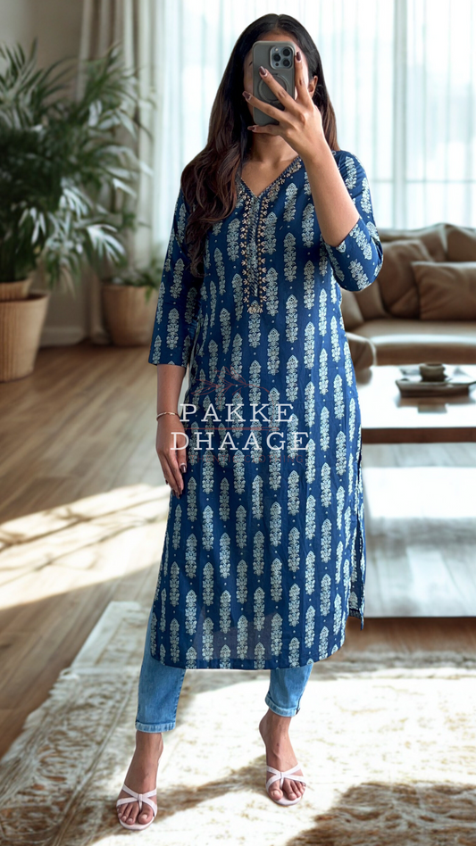 Maya Pure Cotton Jaipuri Printed Kurti Navy Blue