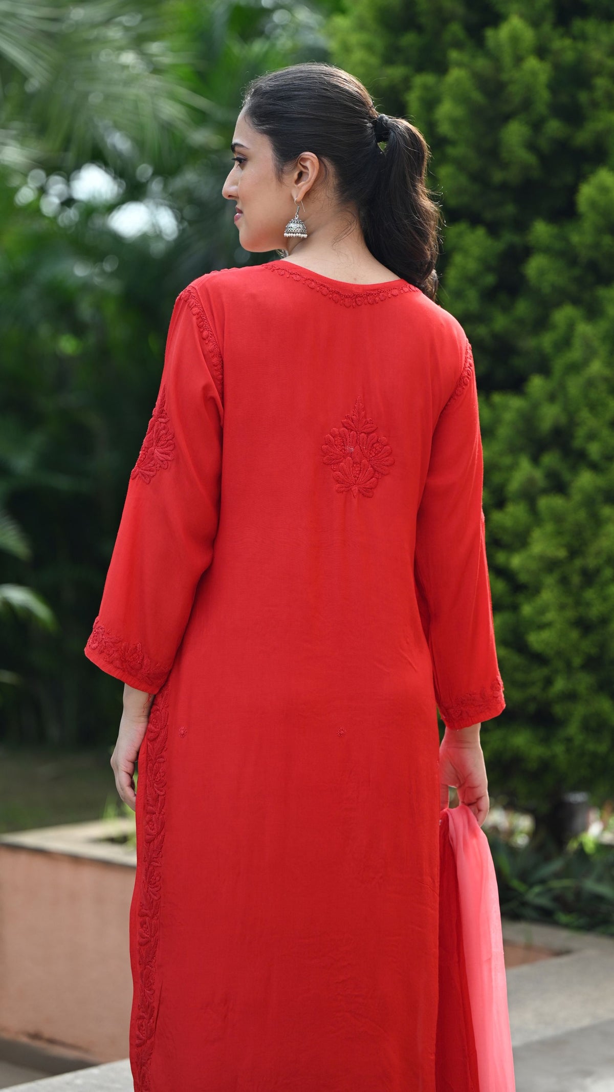 Gulnar Pure Muslin Chikankari Sets with Ombre Dupatta 3-pc Set - Crimson Blush
