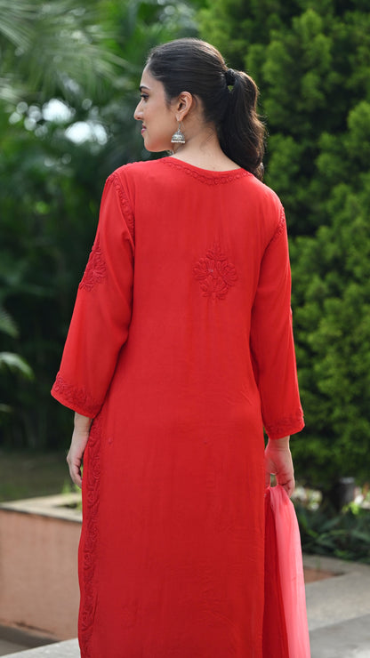 Gulnar Pure Muslin Chikankari Sets with Ombre Dupatta 3-pc Set - Crimson Blush